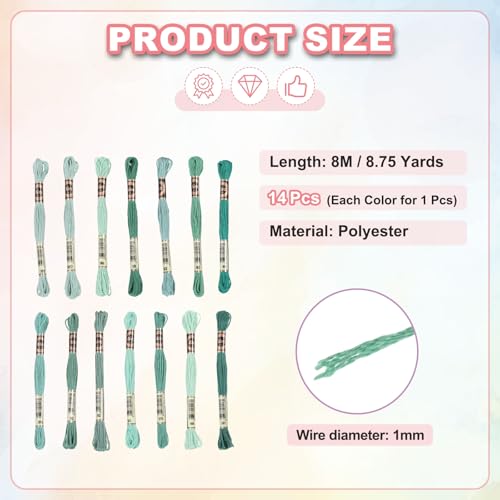 Image of PATIKIL 14 Skeins Embroidery Floss, Polyester Embroidery Threads Bracelets String for Cross-Stitch Hand Embroidery, Multicolored Light Green