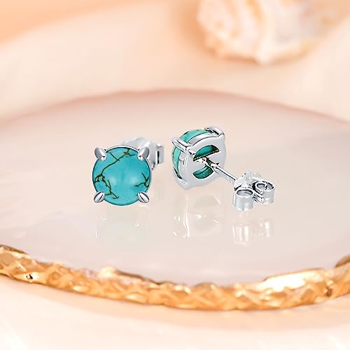Real Turquoise Stud Earrings 925 Sterling Silver 4MM-12MM Round Shape Turquoise Gemstone Earrings Jewelry Gifts for Women3