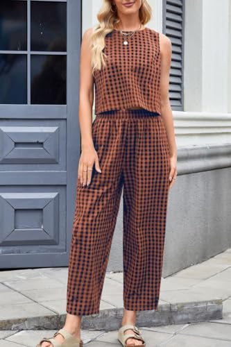 Women's 2 Piece Lounge Outfits Plaid Sleeveless Tank Tops Pullover High Waist Wide Leg Barrel Pants Tracksuits2