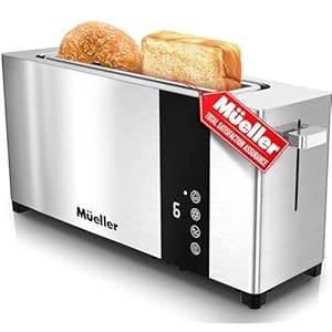 Mueller UltraToast Full Stainless Steel Toaster 2 Slice, Long Extra-Wide Slots with Removable Tray, Cancel/Defrost/Reheat Functions, 6 Browning Levels with LED Display