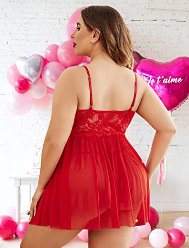 Image of Avidlove Plus Size Lingerie Lace Babydoll Womens Strap Chemise Nightgown V Neck Nighty Mesh Sleepwear Side Slit Nightdress