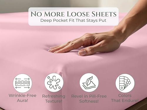 Image of Royale Linens 100% Organic Cotton Full Fitted Sheet Only - Percale Weave - Super Soft Deep Pocket Bottom Sheets - Pink Elastic Sheet - Full Size Fitted Sheets Only - (54 inchx75 inch+15 inch, Pink)