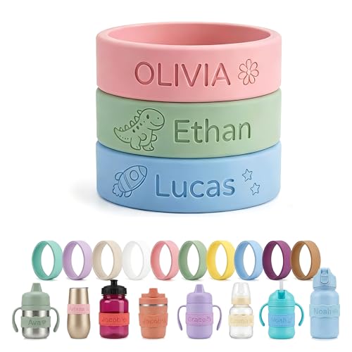3 Pack Personalized Water Bottle Labels Custom Engraved Baby Bottle Labels for Daycare Reusable Silicone Name Bands with Cute Icons Wavy & Round Cup Tag for Kids School Camp & Baby Shower Gifts