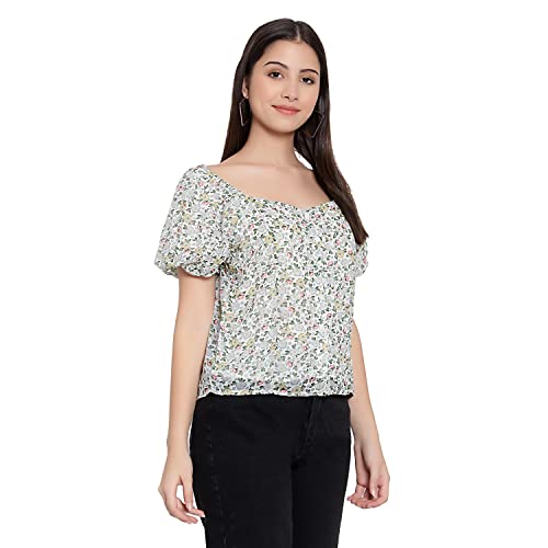 Image of FNOCKS Women Button Closure Short Sleeves Floral Printed Tops /Georgette Fabric