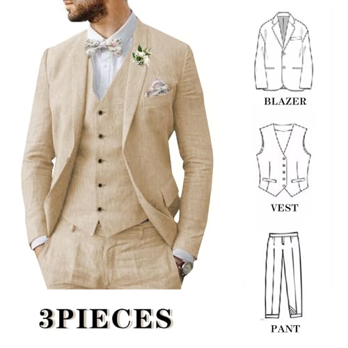 Men's 3 Piece Linen Beach Wedding Suit Slim Fit Casual Suits Groomsmen Jacket Vest Pant Prom Tuxedo Summer Suits Set2