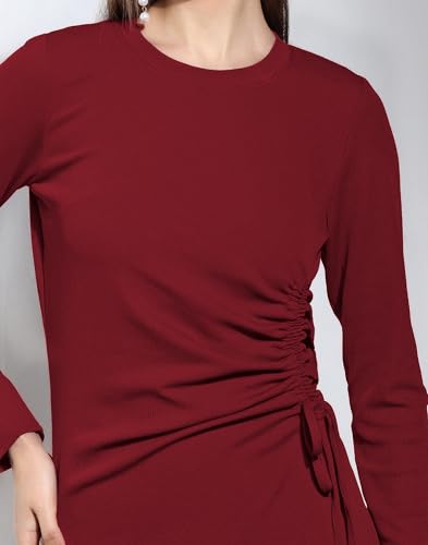Image of Selvia Women's Black Ribbed Lycra Ruched Side Long Sleeve Dress