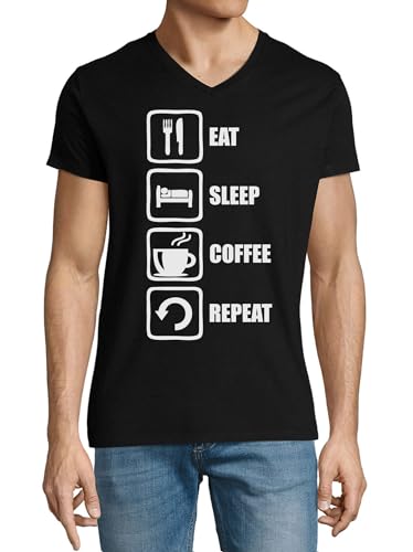 T-shirt col en V pour homme noir Eat Sleep Coffee Repeat en coton confortable