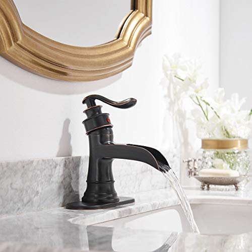 Oil Rubbed Bronze Bathroom Faucet Waterfall Sink Basin Single Handle Bath Lavatory Farmhouse Faucets Antique Black One Hole Lever Spout Mixer Tap Commercial Supply Hose Lead-Free #TOP3