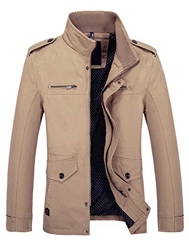 Springrain Men's Casual Pure Cotton Stand Collar Epaulet Long Sleeves Outerwear Jacket Coats (Large, Khaki)