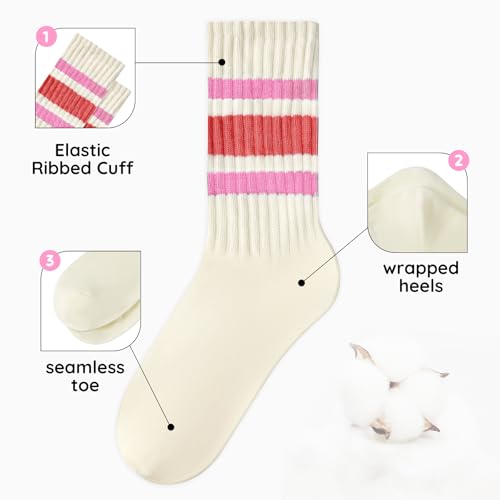Image of Zando Novelty Striped Retro Vintage Casual Crew Socks for Women - Cotton Sporty Calf Socks