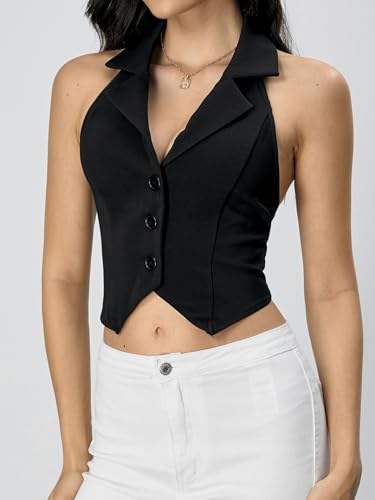 Verdusa Women's Notch Neck Backless Asymmetrical Hem Button Front Crop Blazer Vests3