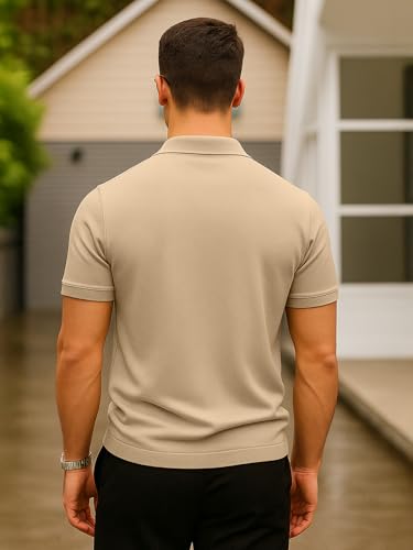 Image of Veirdo Men's Cotton Pique Polo | Premium Zip Neck Casual T-Shirt | Half Sleeve | Black Beauty, Serenity, Wheat, Zephyre