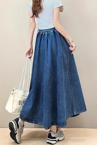 chouyatou Women's Ruffle Denim Skirt Elastic High Waist Pleated A Line Swing Maxi Long Jean Skirt with Belt2