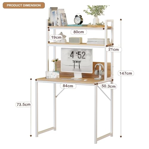 Image of Lukzer Study Table with 2-Tier Bookshelf | MST-006 /White & Light Oak | Metal & Engineered Wood Computer Desk for Home Office | Modern Space-Saving PC Workstation with Storage Shelves (147x84x50 cm)