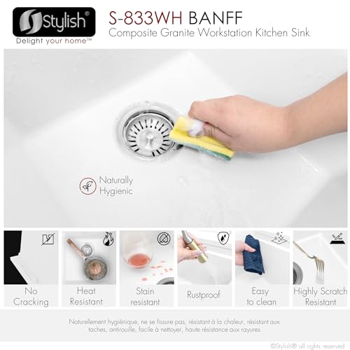 Image of Stylish 33 x 18 Inch Composite Granite Workstation Kitchen Sink, Double Bowl Under Mount & Drop in, 9.5 in Deep, with Bamboo Cutting Board, Roll-Up Drying Rack, Colander & Strainers, White, S-833WH