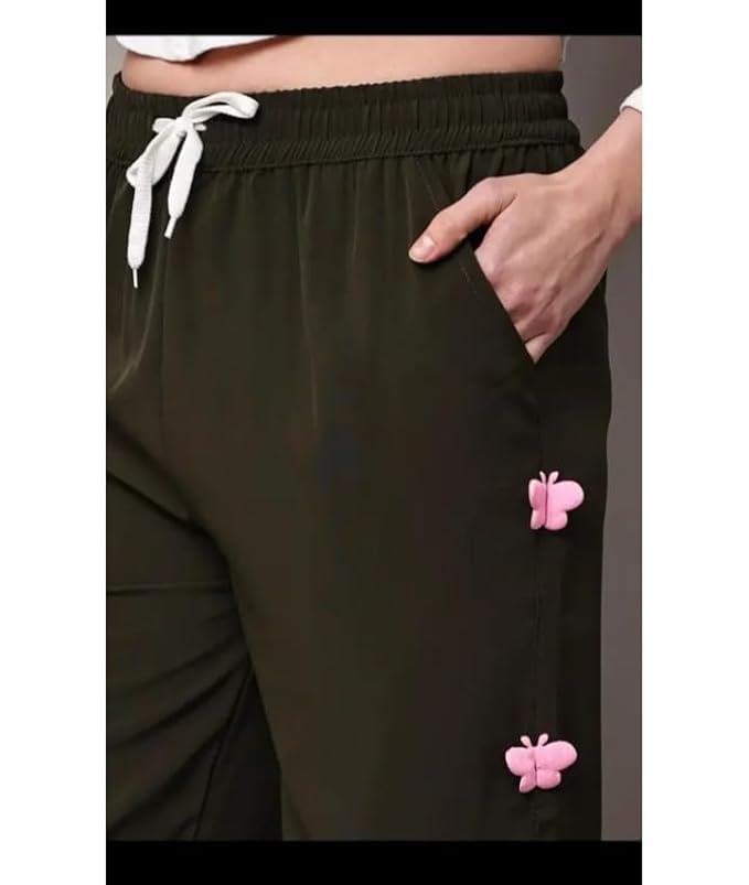 Image of ARYANSH Shoppe Women's High-Waist Wide-Leg Casual Pants with Drawstring Closure, Soft Fabric, Stylish Side Butterfly Detailing, Trendy Relaxed Fit Trousers