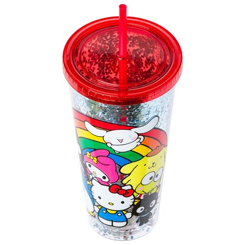 Image of Silver Buffalo Sanrio Hello Kitty and Friends, Plastic Cold Cup, 32oz | Cinnamoroll, Badtz-Maru, My Melody, Tuxedo Sam, Chococat Confetti, Lid, Straw, Pompompurin, Rainbow, 0.95 Liters