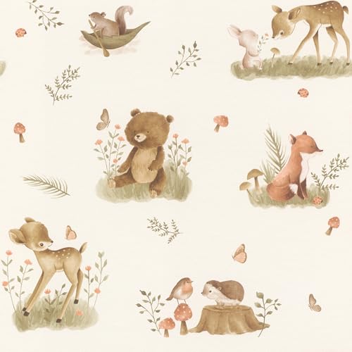 Rasch Tapete 321104 - Helle Vliestapete mit Waldtieren in Beige...