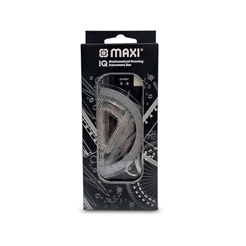 Maxi Metal Geometry Box 10pcs set [Dividers Pencil Eraser Sharpener 45 & 60 degree set squares 180 degree protractor and 15cm ruler Stencil]