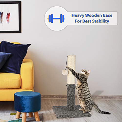 Pawbee Cat Scratching Post - 20” Kitty Scratch Pole With Natural Sisal Rope And Hanging Ball Toy - Carpet Covered Heavy Anti-Tip Base - Sturdy Cat Scratcher Pole Tower For Small Cats And Kittens #TOP4