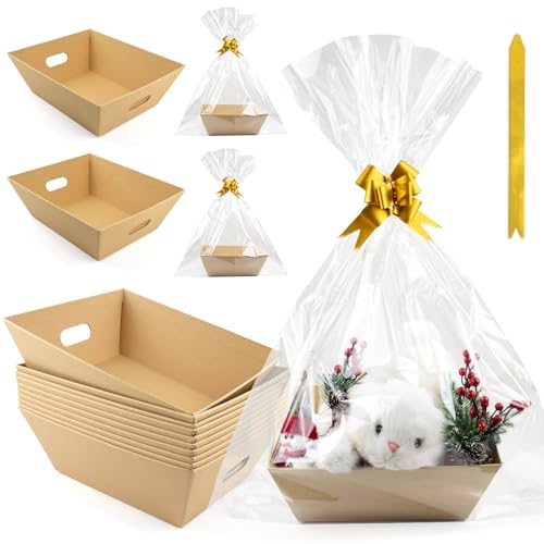 10PACK Empty Gift Basket Set 11.8x9.8 Thick Kraft Market Tray Gift Basket with 10 Bows 10 Bags Empty Gift Baskets for Christmas Thanksgiving Valentine Easter Wedding Birthday Party Gift Wrapping (Kraft)