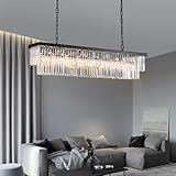 APBEAMLighting Rectangle Crystal Chandelier Black Modern Linear Chandelier Contemporary Pendant Light Fixture 8-Light Hanging Ceiling Light for Dining Room Living Room Kitchen Bedroom Foyer 47''