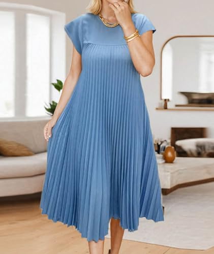 Image of SEMATOMALA Women's Pleated Short Sleeve Maxi Dress Crewneck Loose Fit Flowy Swing Long Dress with Pockets