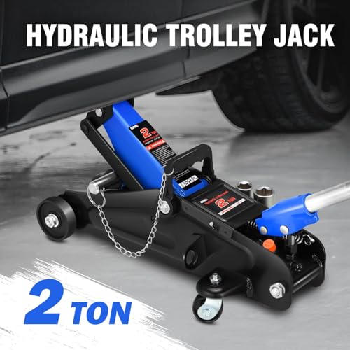 Image of DNA Motoring Floor Jack with Socket and Lock, Low Profile Hydraulic Trolley Jack for Cars Lift, 2 Ton (4000 lbs) Capacity, Lifting Range 5.12 inch-13 inch, Blue, TOOLS-00677-BL