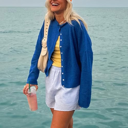 Women's Solid Color Fuzzy Knit Cardigan Long Sleeve Round Neck Sweaters Front Button Closure Rolled Hem Kniwear4