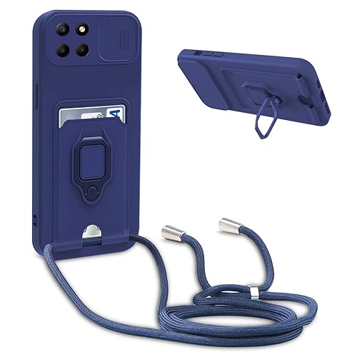 BGHHEU Funda Silicona con Cuerda para Huawei Honor X8,Case con Ranura para Tarjetas,Cubierta de Cámara Deslizante Proteger,Ajustable Collar de Cuello Cadena con Anillo Soporte,Azul