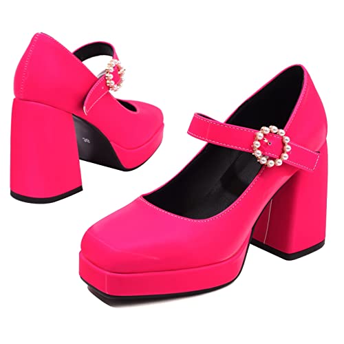 Gicoiz Square Toe Mary Jane Women Patent Ankle Strap Pumps2