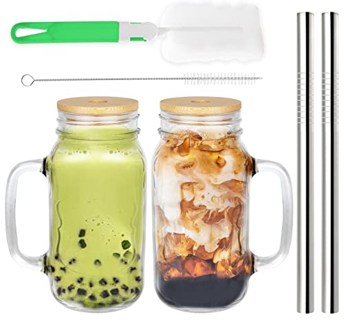 BESTBEL 2 Pack Mason Jar Cups with Bamboo Lids and Stainless Steel Straws 24 OZ Mason Jar Mugs with Handle Regular Mouth Mason Jars Drinking Clear Glasses Coffee Cups with Lids