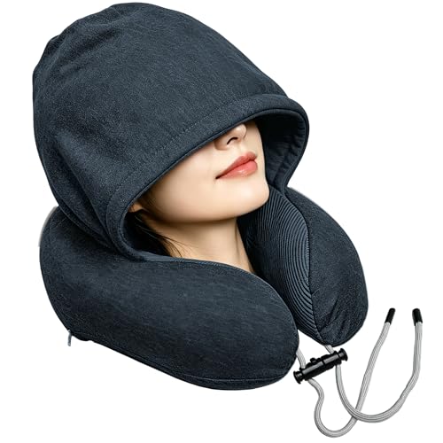 Airplane Travel Neck Pillow with Hood Memory Foam Neck Support Pillow with Light Blocking Cover for Sleeping on Flights Ergonomic Travel Pillow for Plane Car & Office (dark gray Hood neck pillow)