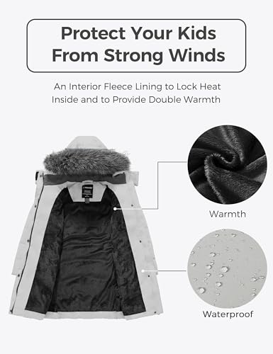 Image of Wantdo Girls Winter Coats Long Puffer Jackets Fleece Lined Removable Hood | Removable Faux Fur Hood, 5000mm Waterproof, Machine Washable