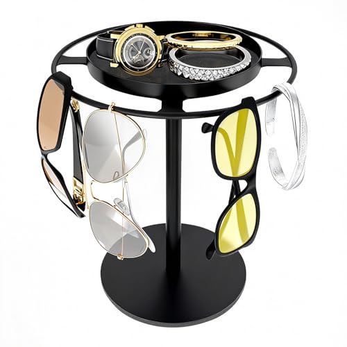 LSK Metal Sunglasses Organizer, Glasses Holder Stand with Storage Tray, Eyeglasses Holder with...