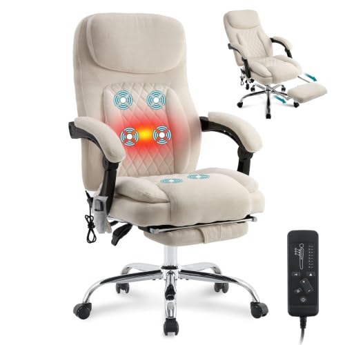 Image of 6-Point Massage Office Chair with Heated, Ergonomic Office Chair with Footrest & 45Reclining High Back, Big and Tall Executive Office Chair 500LBS, Thick Cushion Desk Chair for Home Office, Beige