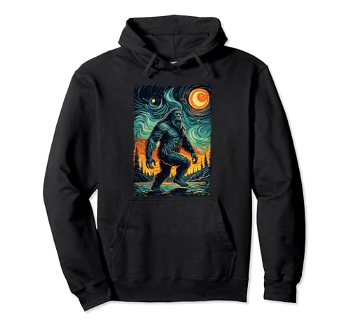Bigfoot Starry Night Sasquatch Van Gogh Sky Painting Pullover Hoodie