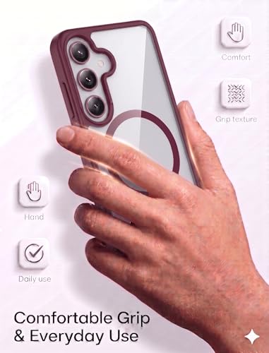 Image of ArmourPro MagSafe Compatible Case for Samsung Galaxy S24, Magnetic Wireless Charging Back Cover with Clear Back, Flexible TPU Bumper, Camera Protection | Wine Red