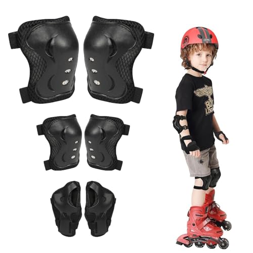 Protecciones Patines Niño,Protecciones Skate Niño,Set de Protección Infantil,Set Rodilleras Coderas y Muñequeras,Juego de 6 Rodilleras Niño,para Bicicletas,Patines y Otros Deportes,Negro