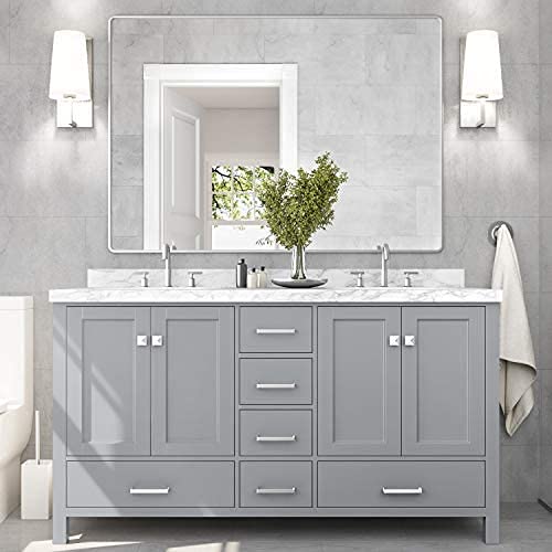 Ariel 61" Inch Grey Double Vanity W/ 1.5" Inch Edge Italian Carrara Marble Countertop & Backsplash | 2 Rectangular Sinks | 4 Soft Closing Doors & 6 Full Extension Dovetail Drawers | Satin Nickel Pulls #TOP1
