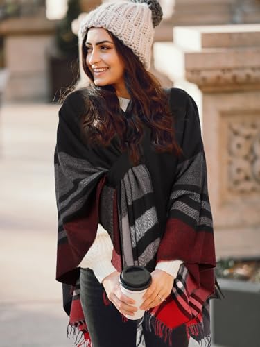 Image of Bestshe Women's Boho Open Front Poncho Plaid Shawl Wrap Cape