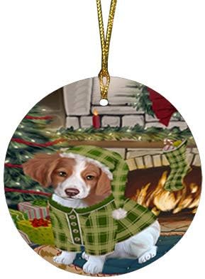 Santa Sled Dogs Brittany Spaniel Christmas Round Flat Ornament - Pet Decorative Hanging Ornaments for Christmas X-mas Tree Decorations - 2.75" Round Flat Ceramic Christmas Ornament POR1571