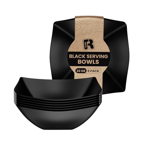 R-kay 6 Pack Square Plastic Serving Bowls - Black Plastic bowls 32 Oz - Premium Black Disposable bowls Heavy Duty For Weddings Catering And Birthday parties