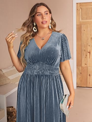 Image of Simplee Women's V Neck Velvet Maxi Dress Short Sleeve Empire Waist Long Formal Dress for Wedding Guest