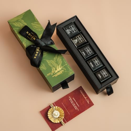 Image of Kokomae Rakhi Chocolate Hamper | 25 Pcs | Assorted Bean-to-Bar Dark Chocolate Slim Collection | Elegant Green Gift Box | 100% Vegetarian | Handcrafted | Ethically Sourced | Clean & Pure Chocolate | Raksha Bandhan Gift | Slims Hamper (Green Box)