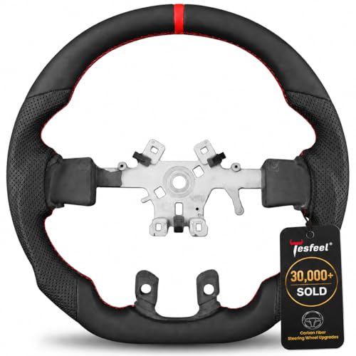 Tesfeel All-Leather Performance Steering Wheel for RAM 1500 (2013-2018) and for RAM 1500 Classic (2019-2024 DS Models), Premium Nappa Leather with Red Stripe and Stitching, D-Shape