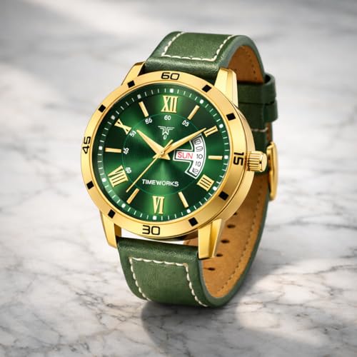 Image of TIMEWORKS Stainless Steel Designer Golden Round Shape Day & Date Dial Men's & Boy's Analog Watch, Band Color:Gold