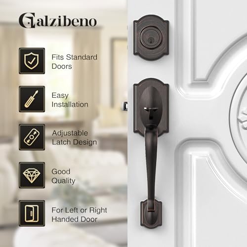 Image of Front Door Lock Set, Front Door Handle and Deadbolt Set, Vintage Exterior Door Lock Set, Front Door Handle with Single Cylinder, Reversible for Right & Left, Oil Rubbed Bronze