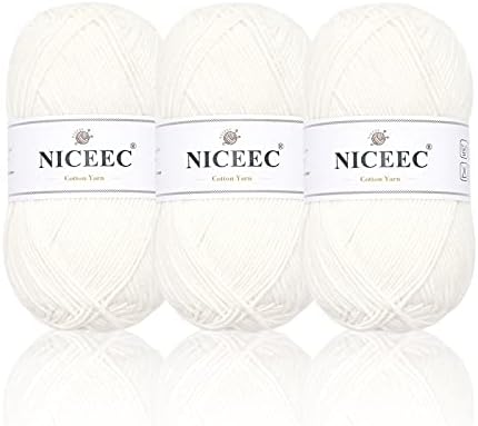 NICEEC 3 Skeins Soft Cotton Yarn 5ply Baby Cotton Yarn for Knitting Crochet Baby Weight Yarn Cotton Blend Yarn Total Length 3×220m(3×240 yds,100g×3)-Cream White