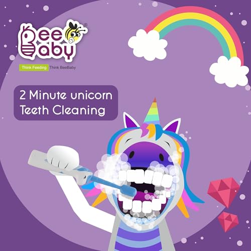 Image of BeeBaby Brush Buddy Baby Toothbrush for Kids 3-6 Years, Ultra Soft Tapered Bristles Toddler Toothbrush for Milk & Permanent Teeth, BPA Free Easy Grip Toothbrush for Sensitive Gums, Pack of 2. Unicorn Blue Giraffe Orange